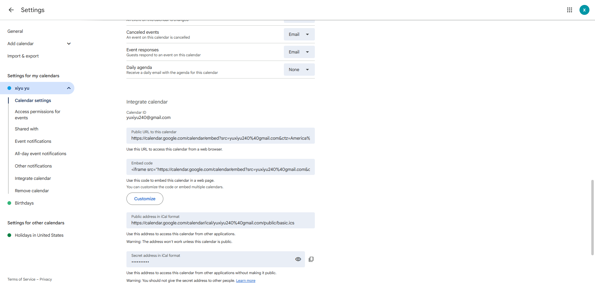 Screenshot for Access Google Calendar Settings